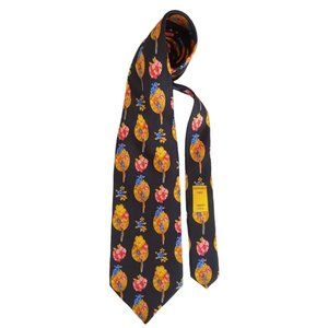 LEONARD PARIS Rare Black Flowers & Bird Patern Silk Tie Italy Dessin N 036 NWOT